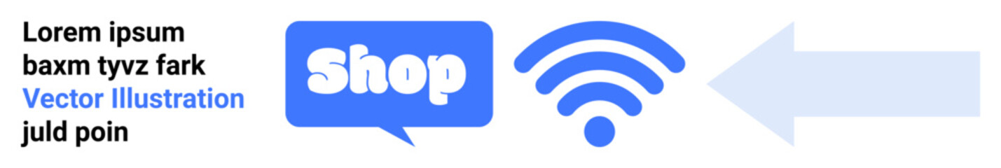 A blue shop speech bubble, wireless signal icon, and arrow symbol. Ideal for e-commerce, digital marketing, online shopping, wireless technology, and modern connectivity. Banner landing page