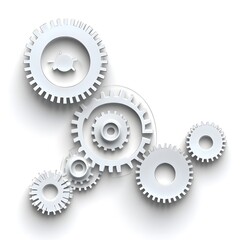 Interconnected Tooth Wheels on White Background Representing Business Process, Hard Work, and Development.