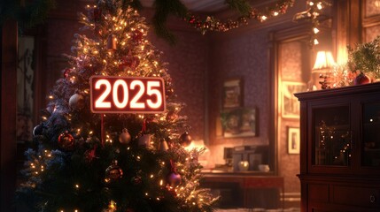 Festive Christmas Tree with 2025 Signage