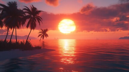 Vibrant sunset over a tropical beach with palm trees silhouetted against the fiery sky.