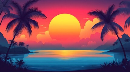 A vibrant sunset over a tropical island with silhouetted palm trees and a calm ocean.