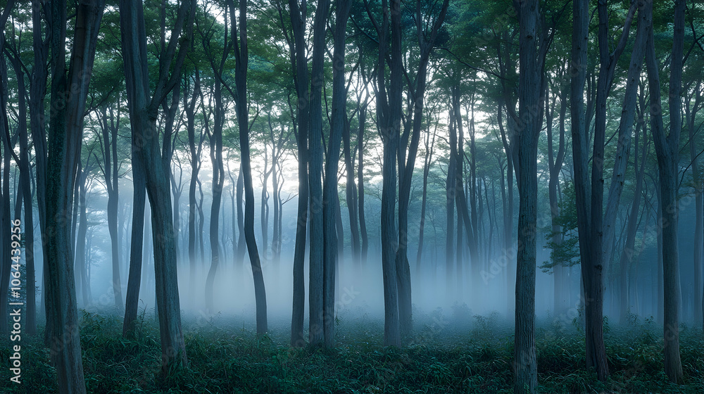 Poster a misty forest with tall trees and a hazy atmosphere.