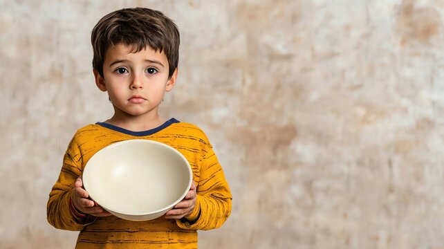 A child holding an empty bowl, waiting for food at a refugee camp, symbolizing hunger and malnutrition   hunger, refugee crisis, child poverty