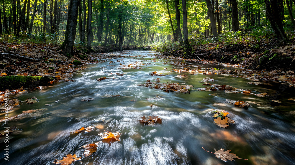Poster a slow-moving stream in a forest, with fallen leaves on the surface and sunlight filtering through t