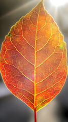 A single red autumn leaf with sunlight shining through it.