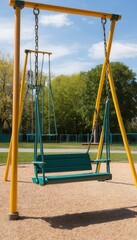 Empty Playground Swing Gently Sways in the Sunny Outdoor Park Setting. Generative AI