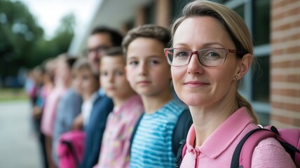 Fototapeta premium Group of parents waiting outside the school to pick up their children after a disease outbreak warning parental concern, school health crisis