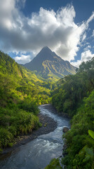 A winding river flows through a lush valley towards a towering mountain peak under a partly cloudy sky.