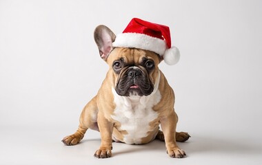Fototapeta premium french bulldog dog with christmas hat on a white background