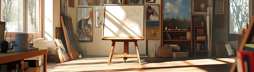 A Blank Canvas in a Sunlit Artist's Studio with an Easel and Artwork on the Walls