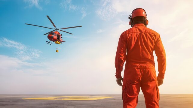 Helicopter delivering supplies to an offshore oil platform, hovering above the landing pad   helicopter, offshore oil platform, supply delivery