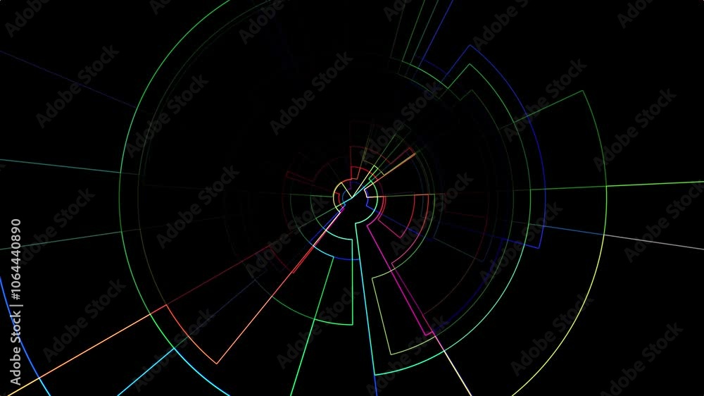 Poster neon colored lines in circular shape animation on a black background