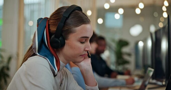 Frustrated woman, night or consultant with headphones in call center for burnout, fatigue or stress at office. Tired, female person or bored agent working late with online crisis, mistake or pressure