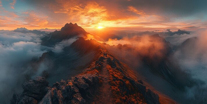 A stunning mountain panorama at sunrise, with clouds rolling in through the peaks.