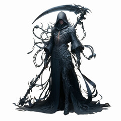 figure wearing long cloak holding scythe weapon halloween gothic vector illustration