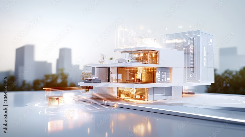 Poster a detailed low-poly 3d wire mesh visualization of an intelligent building automation system in a sma