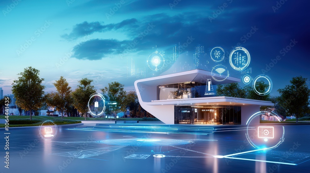 Poster a detailed low-poly 3d wire mesh visualization of an intelligent building automation system in a sma