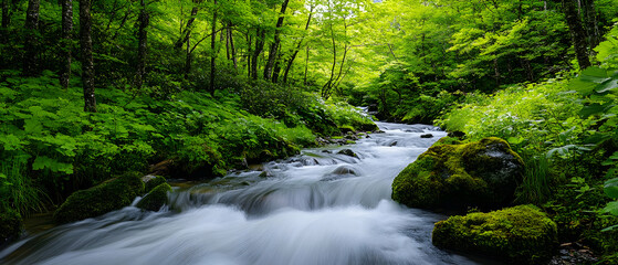 Obraz premium Lush forest stream with smooth, flowing water and moss-covered rocks.