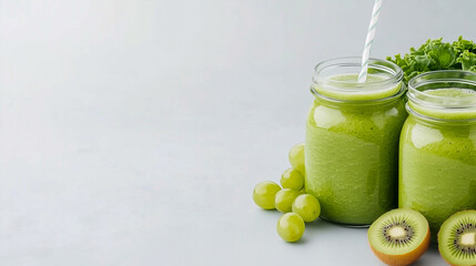 Glass jar mugs with green health smoothie, kale leaves, lime, apple, kiwi, grapes, banana, avocado, lettuce. Copy space. Raw, vegan, vegetarian, alkaline food concept 