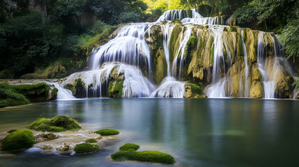 Obraz premium Serene waterfall cascading into a tranquil pool, surrounded by lush greenery.