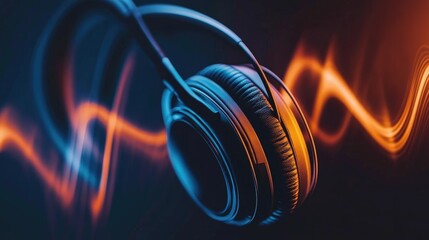 Headphones with Colorful Sound Waves Background