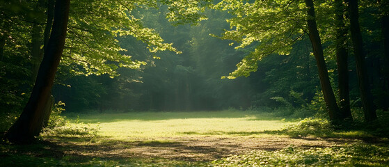 Obraz premium Sunbeams through trees in a green forest clearing.