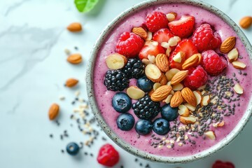 A delicious smoothie bowl topped with berries, almonds, and chia seeds. Perfect for a healthy and refreshing breakfast or snack.