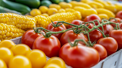 Grape tomatoes and corn gourds at farmer's market 
