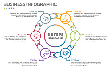 Fototapeta premium Visual data presentation. Cycle diagram with 6 options. Pie Chart Circle thin line infographic template with 6 steps, options, parts, segments. Business concept. Editable pie chart with sectors.
