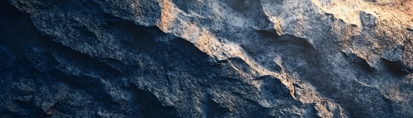 A Close-Up View of a Rugged Rock Formation with a Blue and Orange Color Scheme