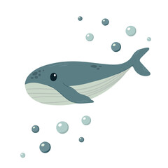 Cute whale. Nice underwater ocean animal character. Vector illustration, flat. For children nursery,