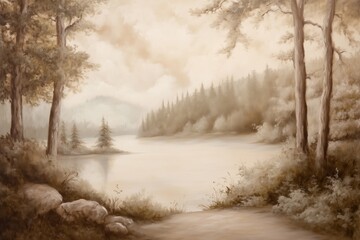 Vintage digital oil painting landscape for wall decor, art print, fine art, wallpaper, beautiful background design. Generative AI.