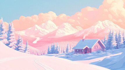 Winter Cabin In Snowy Mountains Landscape With Pink Clouds