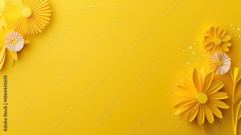 Poster a bright yellow paper background with light rays and sparkles, ideal for crafting joyous visuals in 