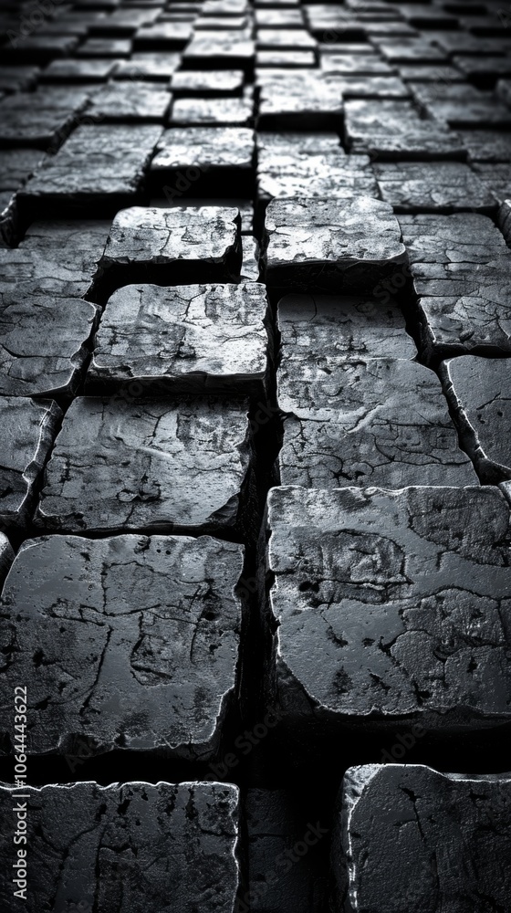Poster a dark, chaotic 3d rendered background showcasing textured stone tiles in varying shapes and sizes, 
