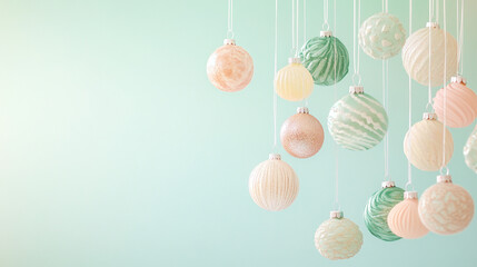 Pastel Christmas Ornaments Hanging on Mint Green Background