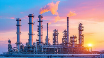 Obraz premium Oil refinery at dawn, with the first light illuminating smoke stacks and pipelines against the sky refinery at dawn, sunrise, industrial landscape
