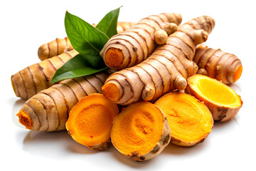 Fresh turmeric roots and slices isolated over white background.