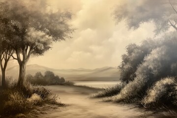 Obraz premium Vintage digital oil painting antique landscape for wall decor, art print, fine art, wallpaper, beautiful background design. Generative AI.