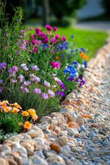 Rock garden illustration. Colorful gravel used as a flower bed border adds contrast and depth to an outdoor space.