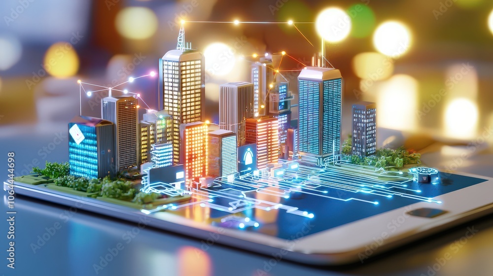 Poster a captivating low-poly 3d wire mesh scene of a smart city with interconnected buildings, displaying 