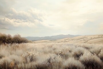Vintage digital oil painting neutral landscape for wall decor, art print, fine art, wallpaper, beautiful background design. Generative AI.