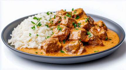 Grilled meat beef stroganoff with rice close-up on a plate. Isolated over white background 