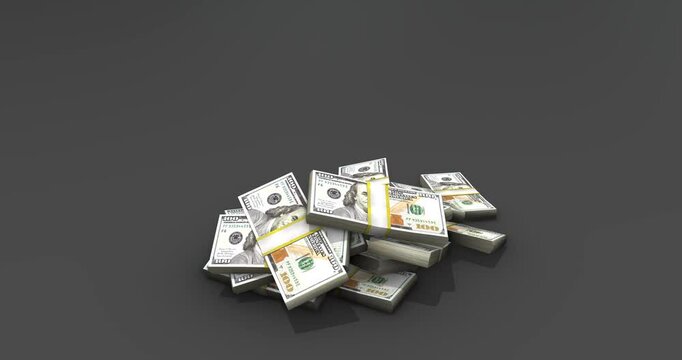 Us dollar bill bank note Falling  droop on floor black backround, 4k animation footage 3d rendering