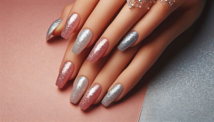 Elegant Manicured Hands with Shimmery glitter nails with pink ombre background.
