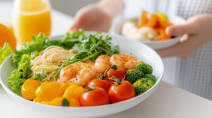 Health and unhealthy foods in front of pregnant Japanese woman 