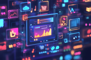 Obraz premium Illustration of online store icons, marketing, sales and e-commerce, electronic circuit board