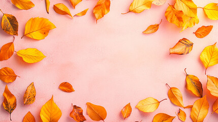 Autumn Leaves Frame on Pink Background   Fall Border  Copy Space  Thanksgiving Decoration