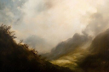 Vintage digital oil painting of a beautiful landscape for wall decor, art print, fine art, wallpaper, beautiful background design. Generative AI.