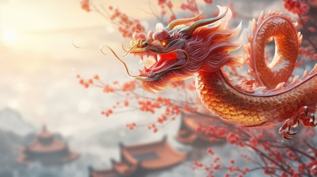 Red and gold colored dragon sculpture with a scenic background of mountains and cherry blossoms. Chinese New Year